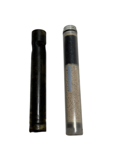 Used breathing air compressor filters showing a normal used filter and an extremely overdue dirty filter
