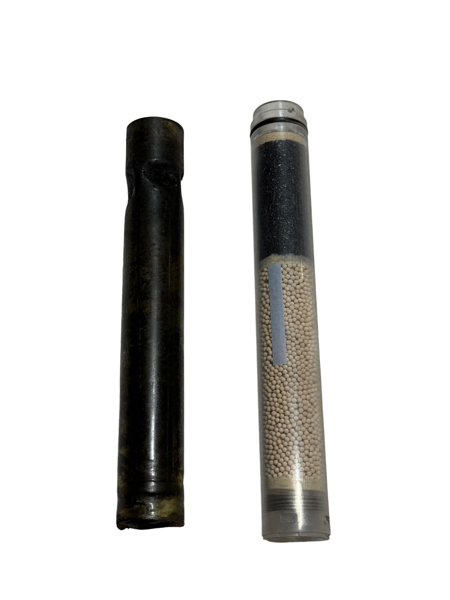 Used breathing air compressor filters showing a normal used filter and an extremely overdue dirty filter