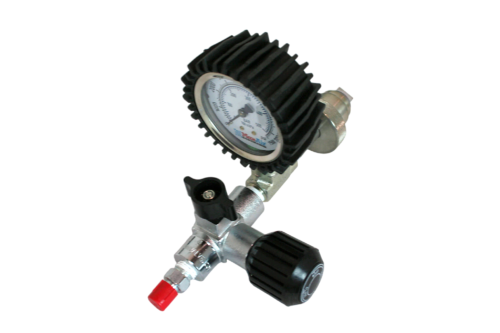 Max-Air high-pressure SCBA cylinder pressure test gauge with rubber boot and bleed valve.