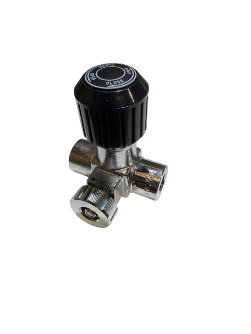 High pressure line valve with integrated bleed and vent assembly for SCUBA and cascade breathing air systems.