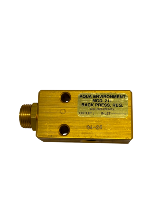 Aqua Environment Model 211 adjustable back pressure regulator, 6000 PSI, with 1/4-inch FNPT inlet and dual outlet ports