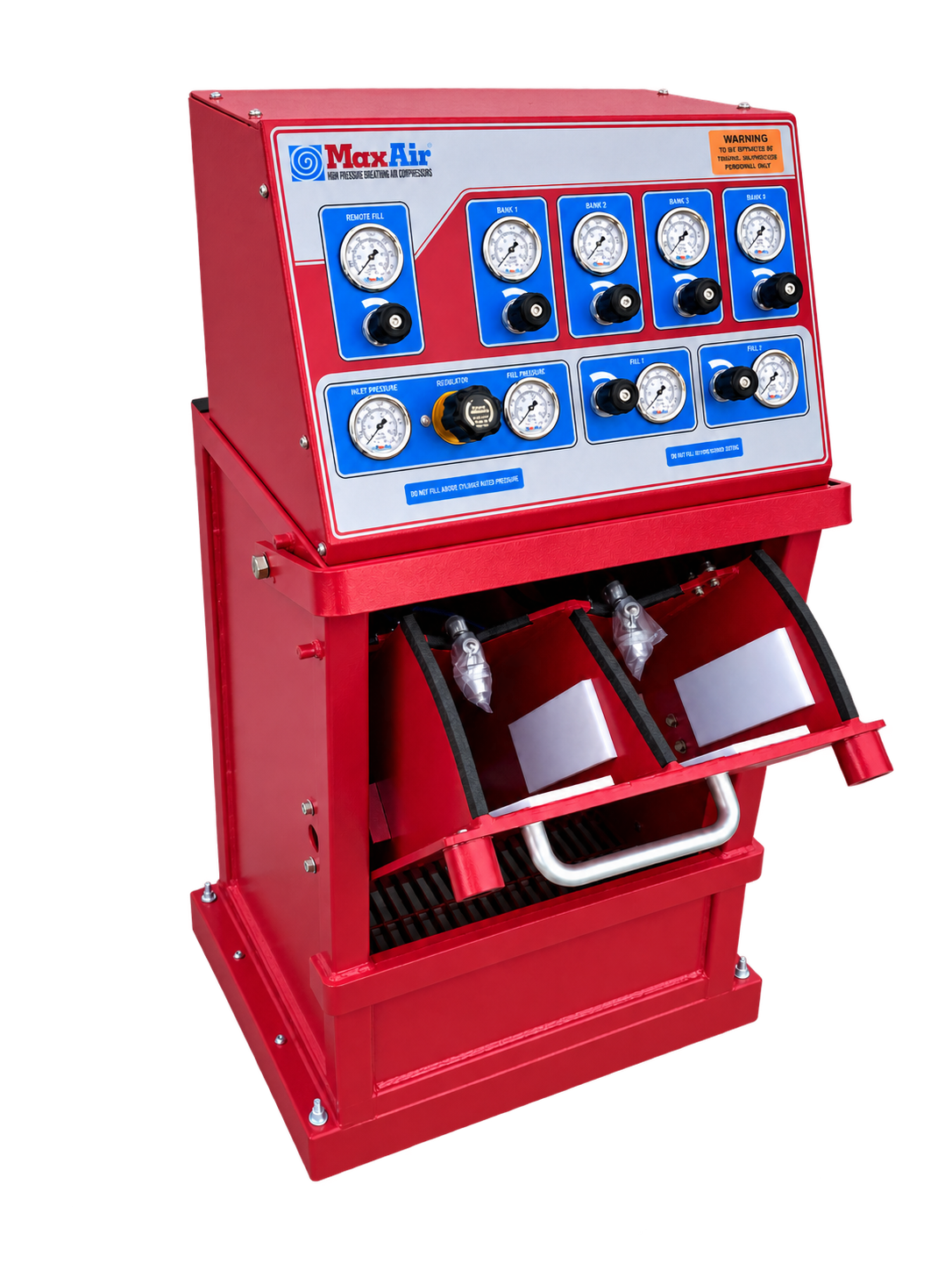Max-Air FS-4502-S/M two-position fill station with cylinder compartments open